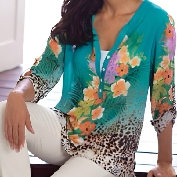 Soft Surroundings Tops - Soft Surroundings Teal Floral & Leopard Print Tunic Blouse – Women’s Size Small